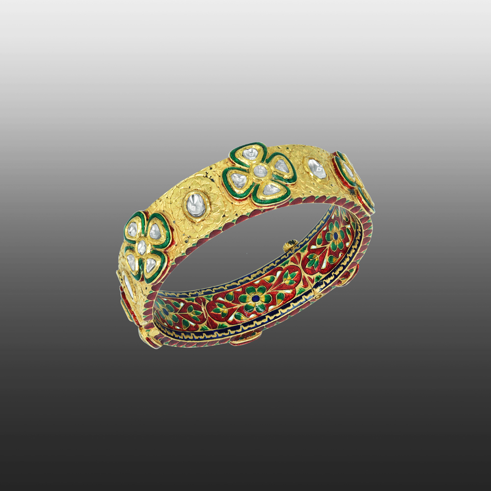 Polki Diamond Bangle with Floral Motifs and Meenakari Enamel